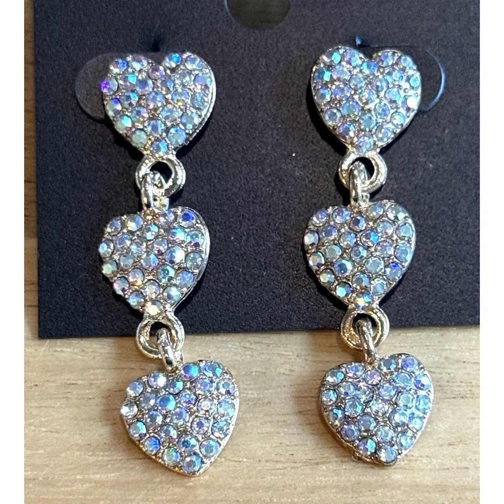 Saks Fifth Avenue Rhinestone Pave Triple Heart Dangling Earrings Wedding Sparkle